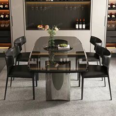 意式极简新款钢化玻璃餐桌家用小户型饭桌长方形不锈钢轻奢餐桌椅