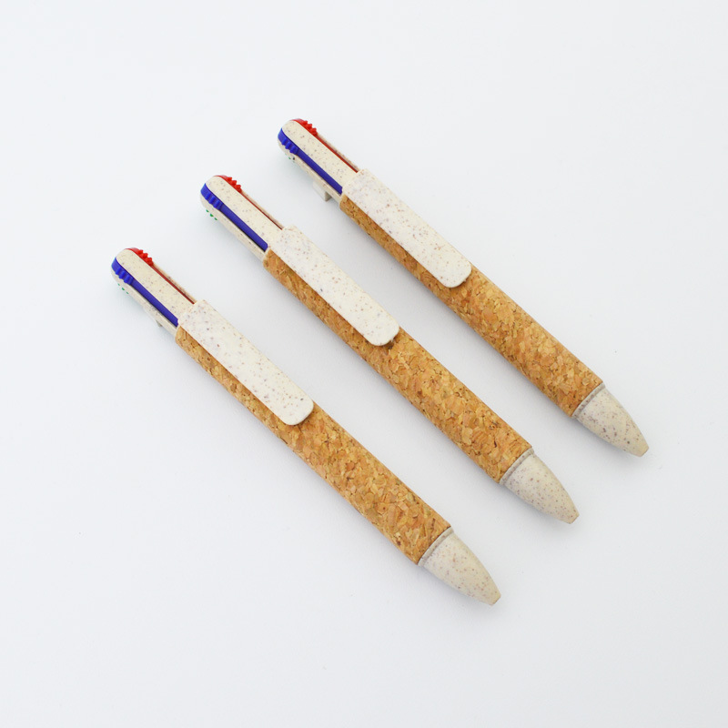 厂家直销创意软木环保四合一圆珠笔麦秸秆可降解4色笔可印刷logo