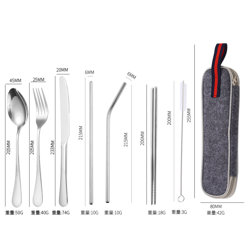 Amazon producto caliente de acero inoxidable vajilla paja traje 1010 cuchillo de comida occidental, tenedor y cuchara de paja portátil de 7 piezas conjunto