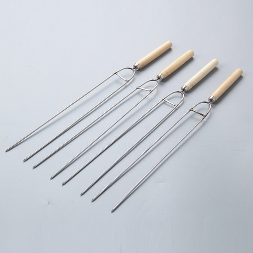 Stainless steel barbecue skewers U-shaped fork chicken wing fork barbecue fork wooden handle skewers grilling needle round skewers barbecue supplies wholesale iron skewers