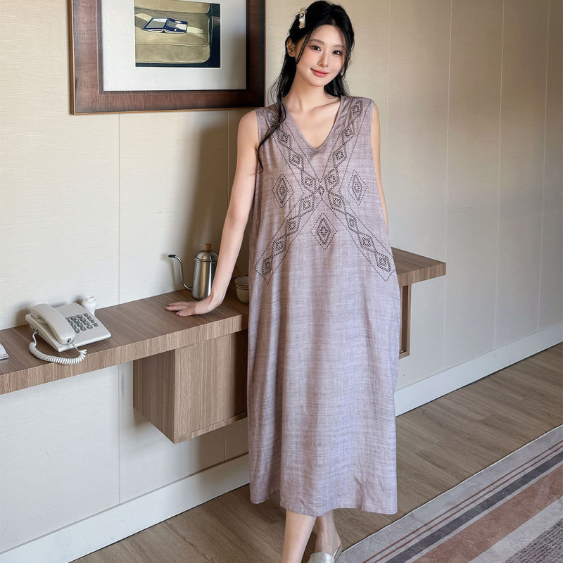 Summer Sleeveless Cotton Silk Nightgown, Old Money Style, Loose V-Neck Long Dress, Lazy Style Lyocell Sleepwear