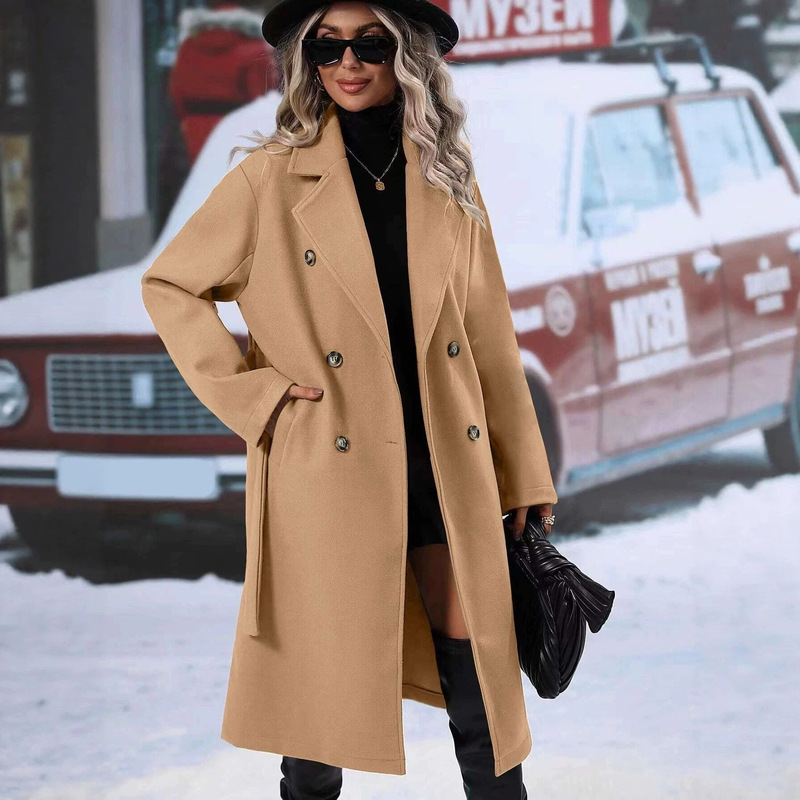 2026 Autumn and Winter Temu Amazon Cross-Border European and American New Style Woolen Double-Breasted Lace-Up Woolen Coat for Women