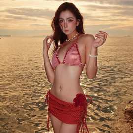 辣妹风红色绑带比基尼三件套欧美性感分体泳衣温泉度假bikini