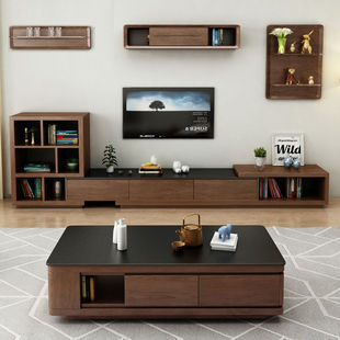 [Free Delivery] Scandinavian Coffee Table Tv Cabinet Combination Set Fire Stone Retractable Storage Multi-Functional Living Room