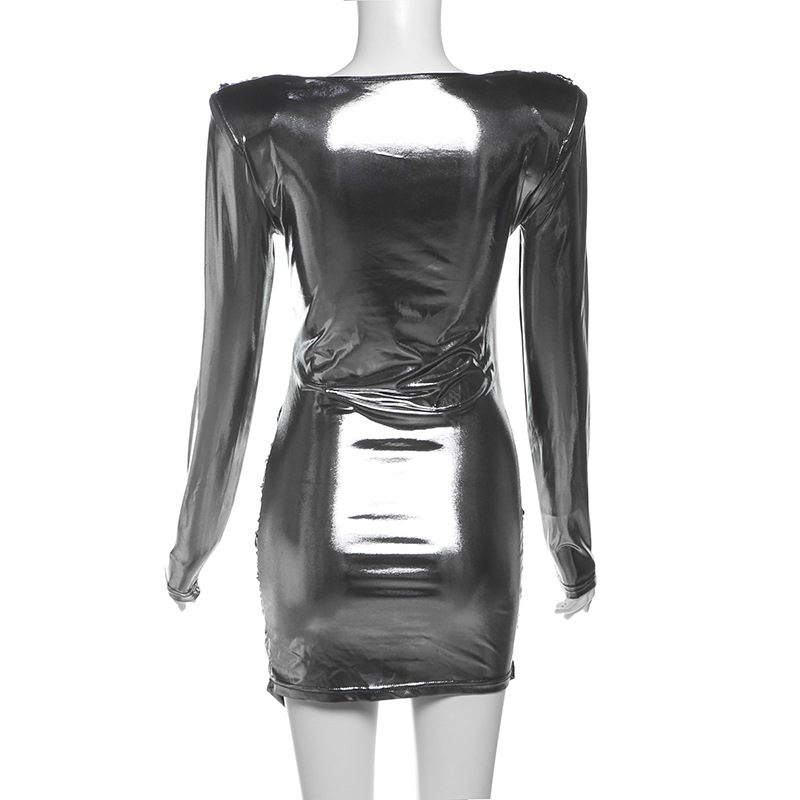 Winter Women Clothing Sexy Swing Collar Long Sleeve Pleated Glossy Sheath Sexy Short Dress