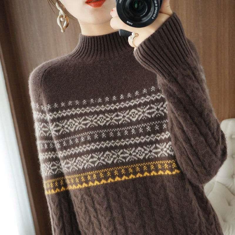 【 Cashmere Family】 Maglione spesso lavorato a maglia da donna, con cappuccio, collo alto e corto, a righe, interno_voghion.com