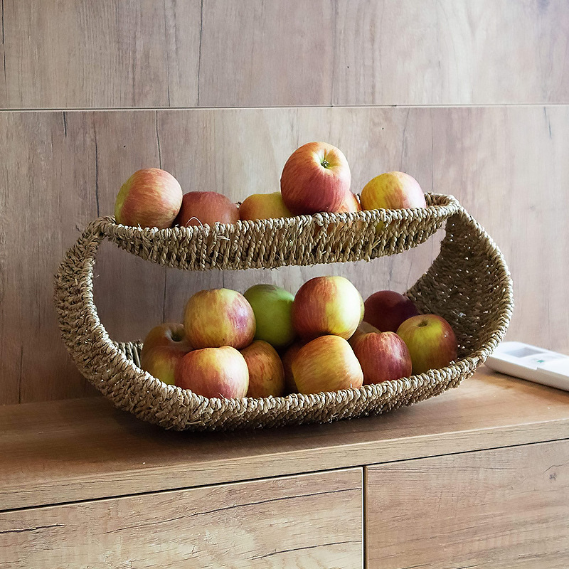 inswind mano de paja de doble capa cesta de frutas calabaza de agua tejida sala de estar baño artículos de baño estante