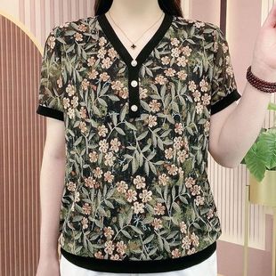 Summer New Short-Sleeved Shirts, Slim and Stylish Shirts, Age-Reducing Mother's Clothes, Loose Large Size Floral Women's Tops