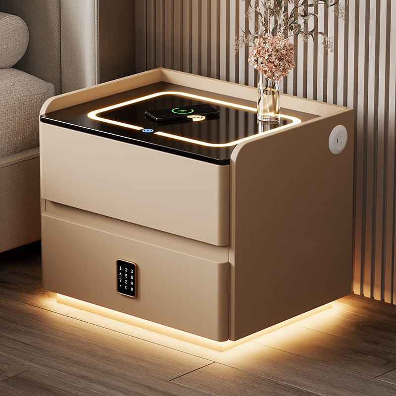 Mesita de noche inteligente de madera maciza suspendida de viento crema con luz