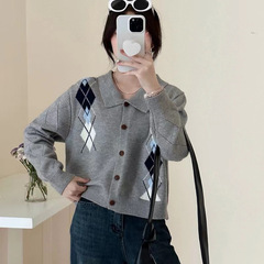 高级感菱格领毛衣外套女宽松秋装新款韩系慵懒针织衫开衫