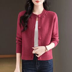 秋冬の女性のためのファッショナブルなレトロなニットカーディガン、新しいスタイルの韓国スタイルのラウンドネック年齢を軽減するセータージャケット、ショートスタイル