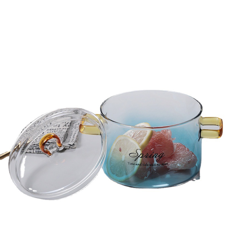 Estilo japonés gradiente nube mar instantáneo fideos cuenco nórdico doble-oreja vidrio con tapa hogar transparente ensalada de frutas