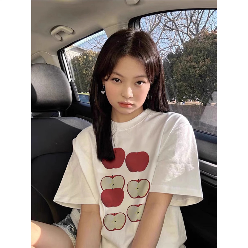 European Size Cotton T-Shirt Trendy Apple Women's Loose Fit Summer Print 2025 Oversize New Regular Shoulder Short Sleeve Shirt