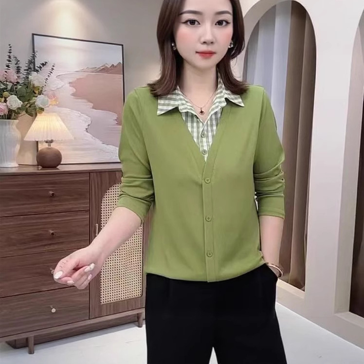一件代发直播爆款2025春秋衬衫翻领女士拼接长袖T恤女假两件上衣|undefined