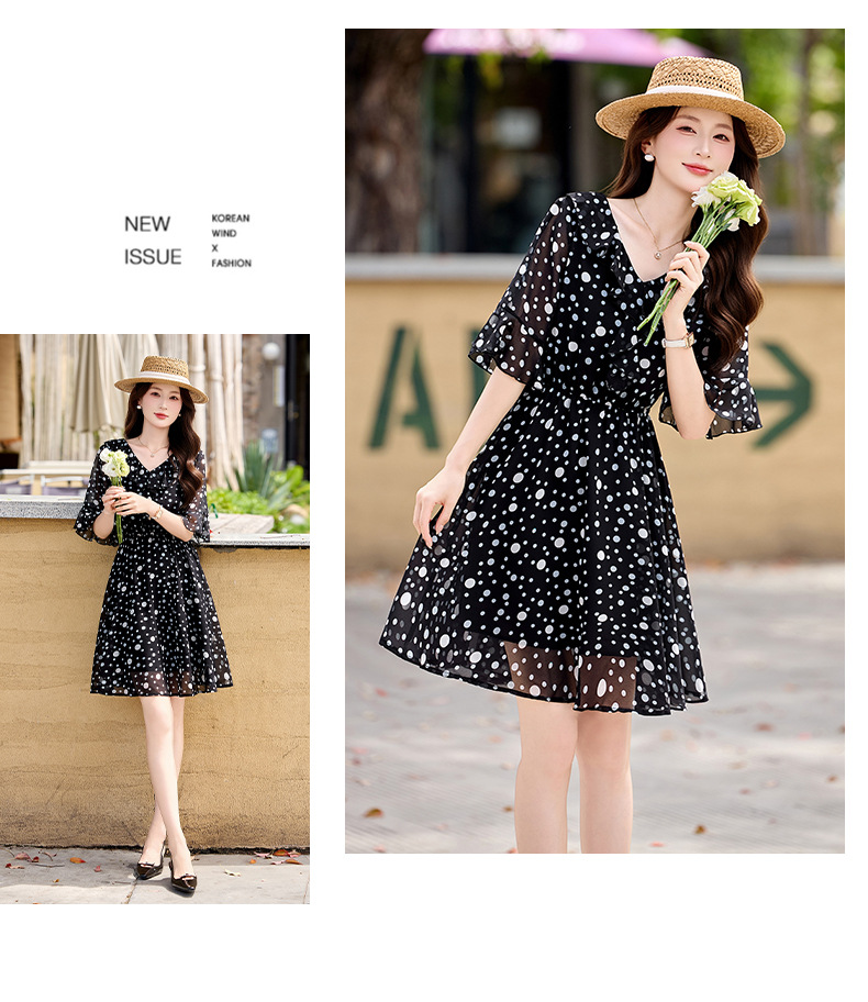 Đầm maxi nữ thắt eo cổ V in chấm bi đỏ — màu đen, màu đỏ chi tiết 15