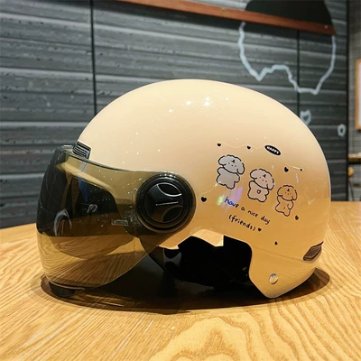 Cute Puppy Helmet, New National Standard 3C Certified Electric Vehicle Safety Helmet, Cartoon Simple Style, Women's Motorcycle Safety Helmet (Motosiklet kaskı (dəbilqə)) - happy-three-puppies-brown-short-mirror-3c-certification