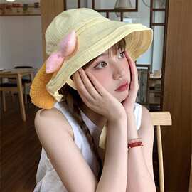 可爱蝴蝶结饼饼遮阳渔夫帽子女夏季大帽檐甜美百搭户外防晒太阳帽