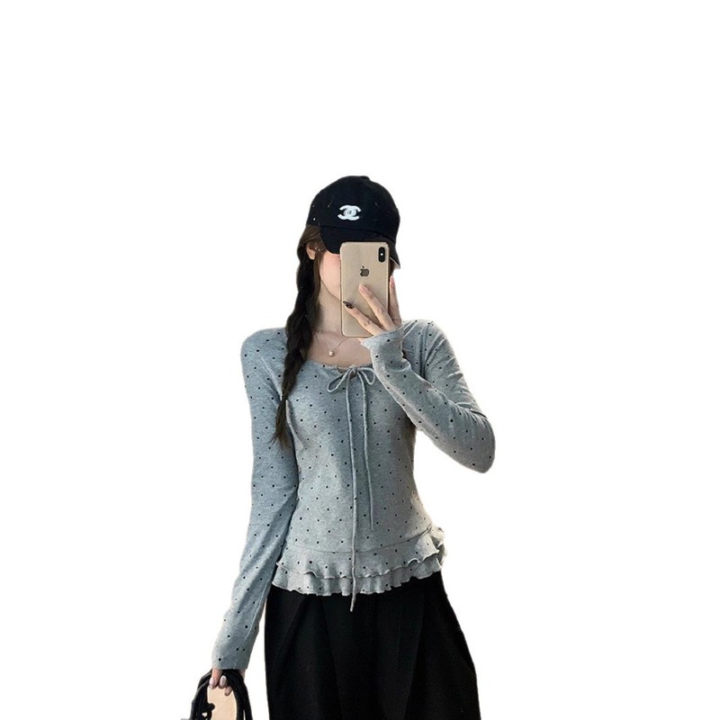 少女风波点木耳边长袖T恤女秋季设计蝴蝶结绑带显瘦圆领上衣打底|undefined