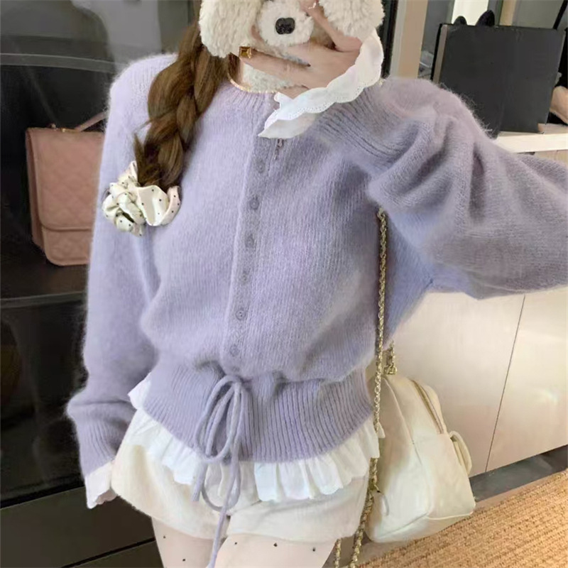 New Korean-Style Lace Patchwork Waist-Tie Sweater for Women, Autumn/Winter 2025 Design, Fresh Knit Cardigan Women's Jacket New Korean-Style Lace Patchwork Waist-Tie Sweater for Women, Autumn/Winter 2025 Design, Fresh Knit Cardigan Women's Jacket