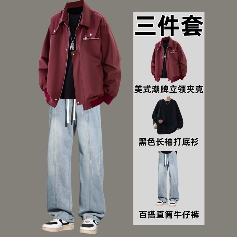 美式男复古工装夹克套装青少年一整套搭配牛仔裤男装潮流三件套棉