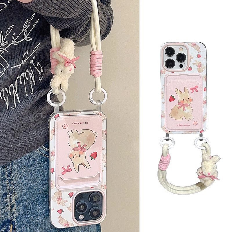White Deer with Cute Bow Rabbit Apple 15 Mobile Phone Case iPhone16promax Lanyard 14 Cartoon 13