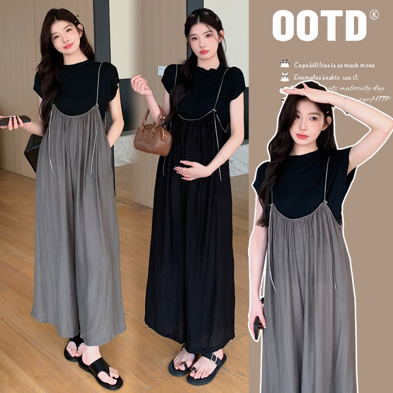 Maternity Summer New Pregnant Women Wide Leg Pants Zipper Design Straps Ice Silk Base Top Sweet Two-piece Set