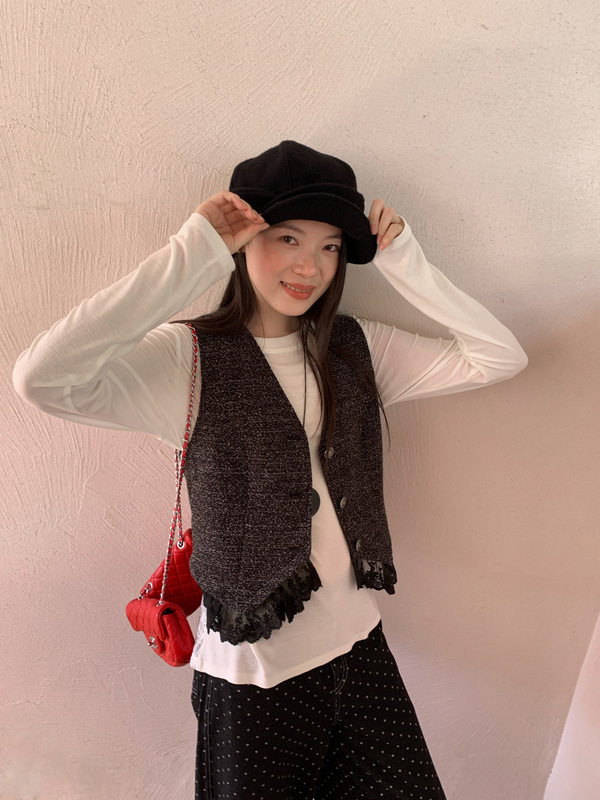 诠释美 NEWOPEN 25秋法式气质蕾丝花边叠穿小香风v领马甲女F6523|undefined