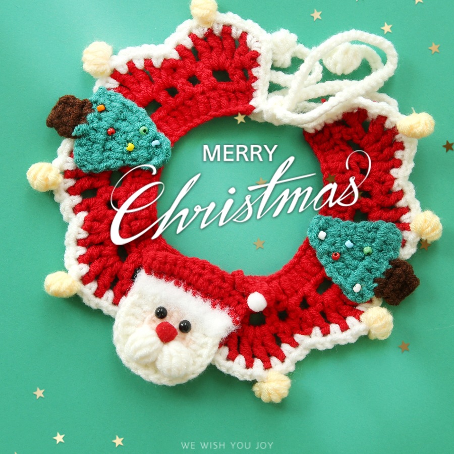 宠物圣诞节狗狗围兜手工针织钩针毛线项圈铃铛猫咪蝴蝶结饰品围脖