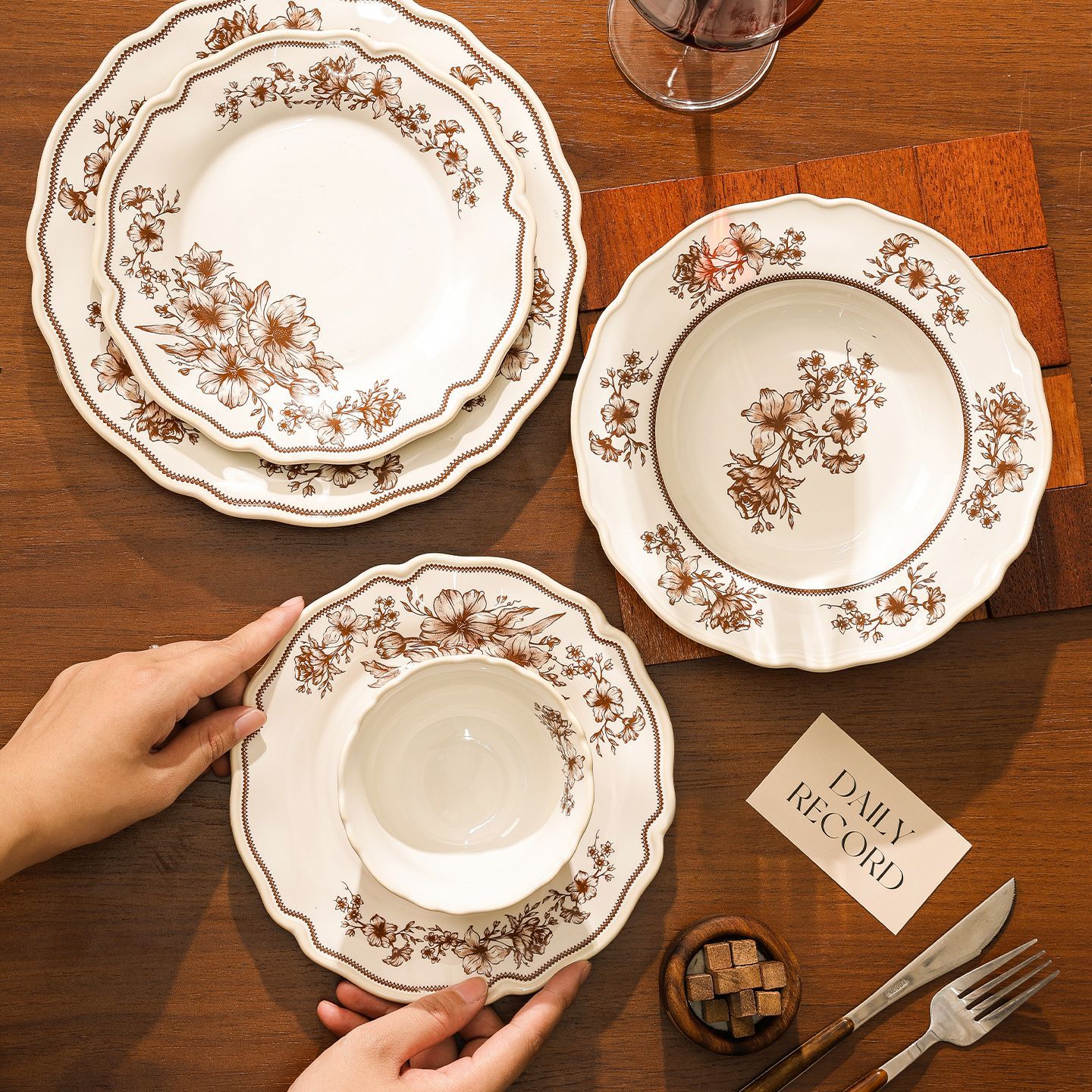 Shang 'en medieval perlas finas cerámica cubiertos caseros platos de comedor franceses tazones pequeños platos de tazas retro jardín de rosas platos de postres