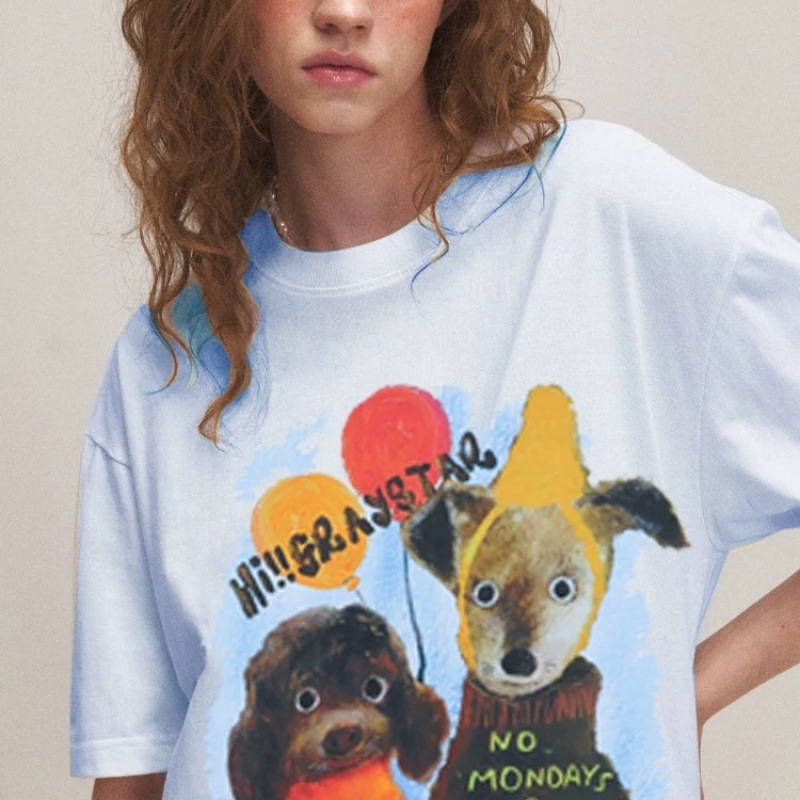 2025 新アーティスト子犬プリント夏の新ピュアコットンルーズオフショルダー半袖トップカップル Tシャツ|undefined