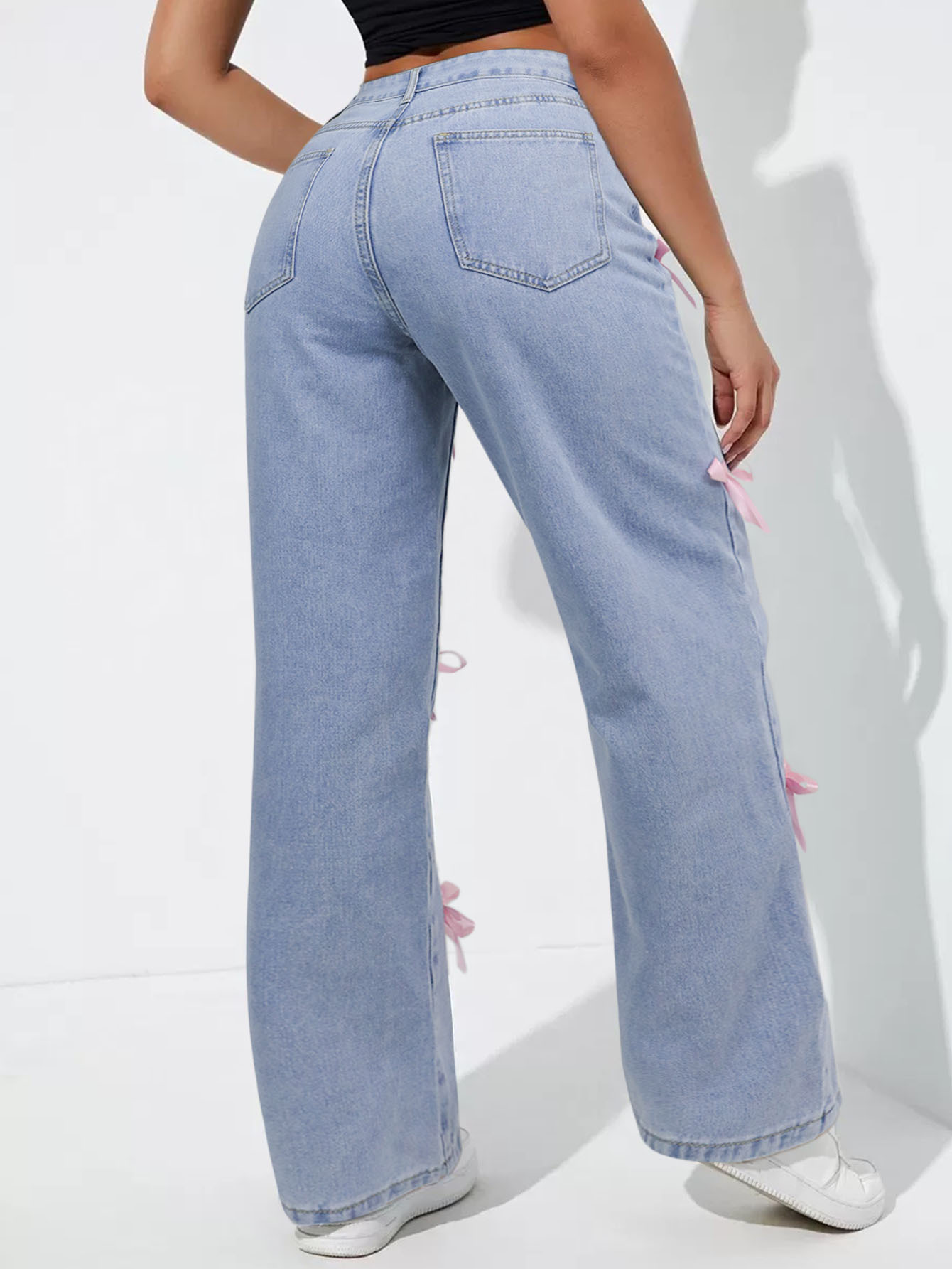 Women's Clothing High Waisted, Bow Tie Patchwork Wide Leg Jeans For Women, Y2K Style, Loose Fit._ecoleips.com