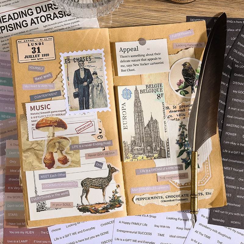 Pegatinas simples y de papel para cuentas de mano Texto alfabeto inglés Collage retro americano Decoración de cuentas de mano Pegatinas de material de bricolaje