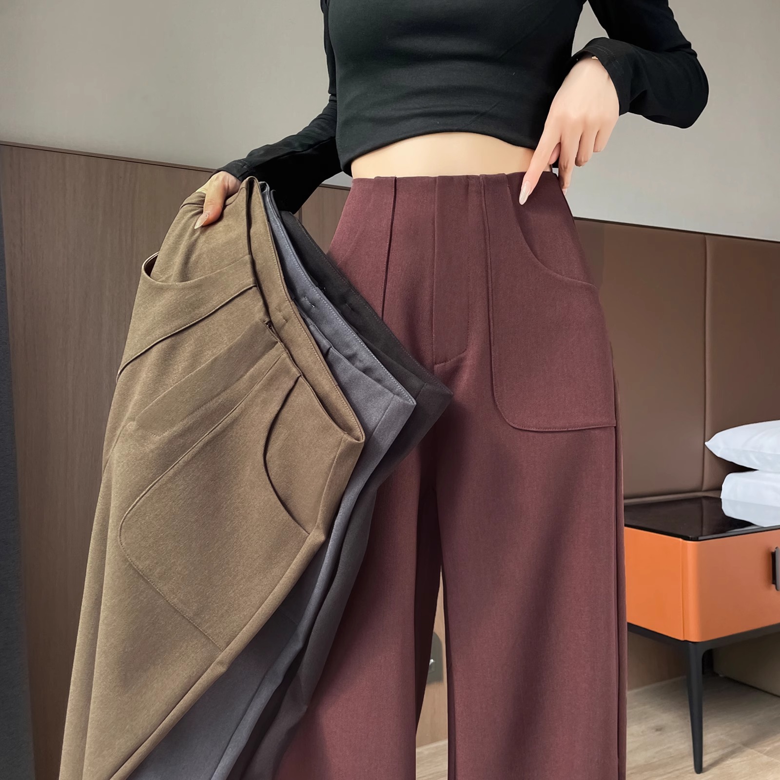 Pantalones de traje de alta sensación de primavera y otoño de 2024 nuevos pantalones de cintura alta y pierna ancha, pantalones casuales rectos de tope