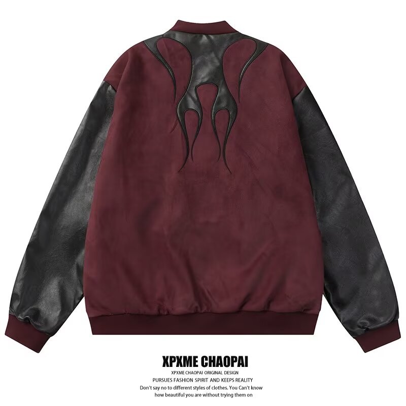 Men's Clothing high street stitching PU leather contrast color pilot jacket retro men and women couple loose casual baseball jacket_voghion.com