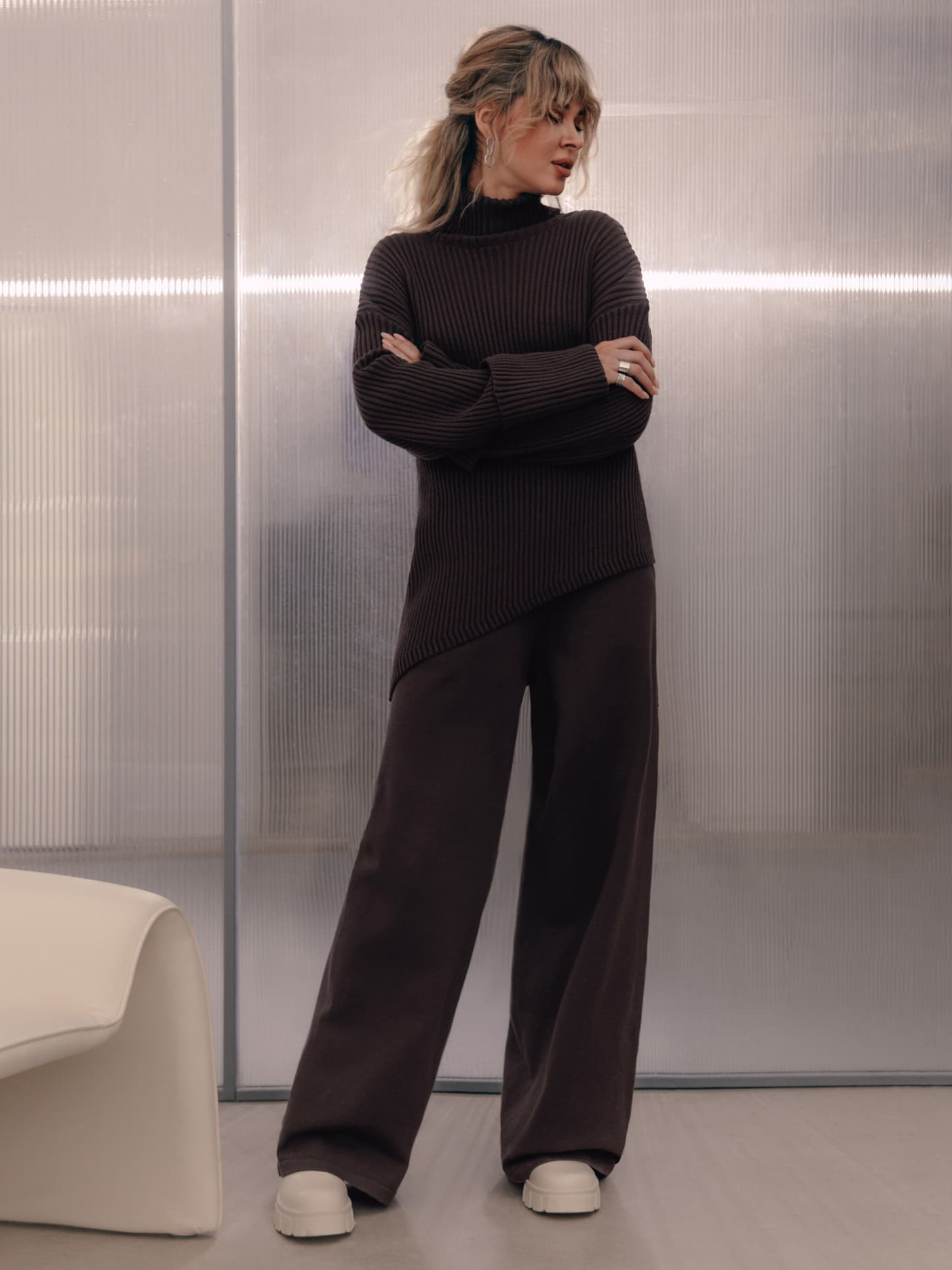 Knitted suit autumn and winter loose high collar pit striped hem sweater knitted pants sweater suit_voghion.com