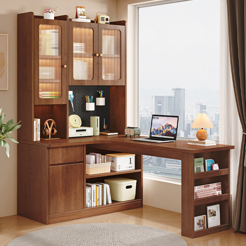 Medieval Style Solid Wood Corner Desk Bookcase Bookshelf Integrated Combination with Glass Home Bedroom Student Study Qq^L