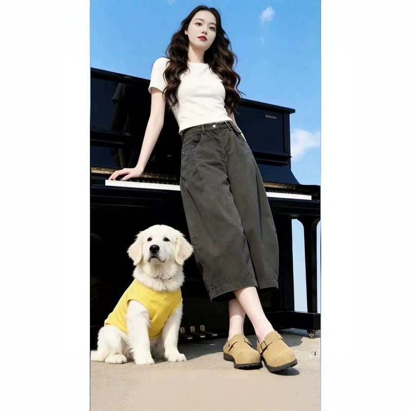 Lazy Style Gray Workwear Jeans for Women, New Summer High Street Fashion, Loose Fit, Slimming, High-Waisted, Wide-Leg, Casual Cropped Pants