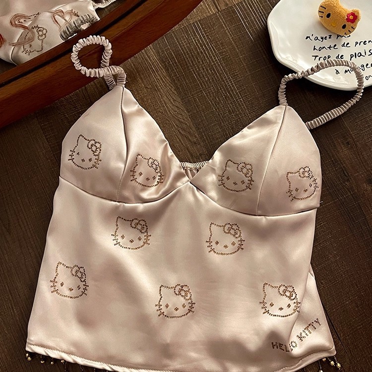 フレンチアイスシルクホットダイヤモンドキティキャットサスペンダーパジャマ女性の夏のサテン快適なショーツホームウェアアウタースーツ|undefined
