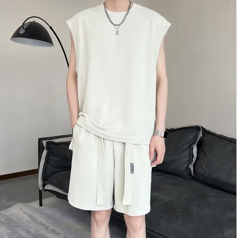 Sleeveless T-Shirt Men's Suit Summer Ice Silk Thin Sports Casual Basketball Uniform Loose Vest with Shorts Set