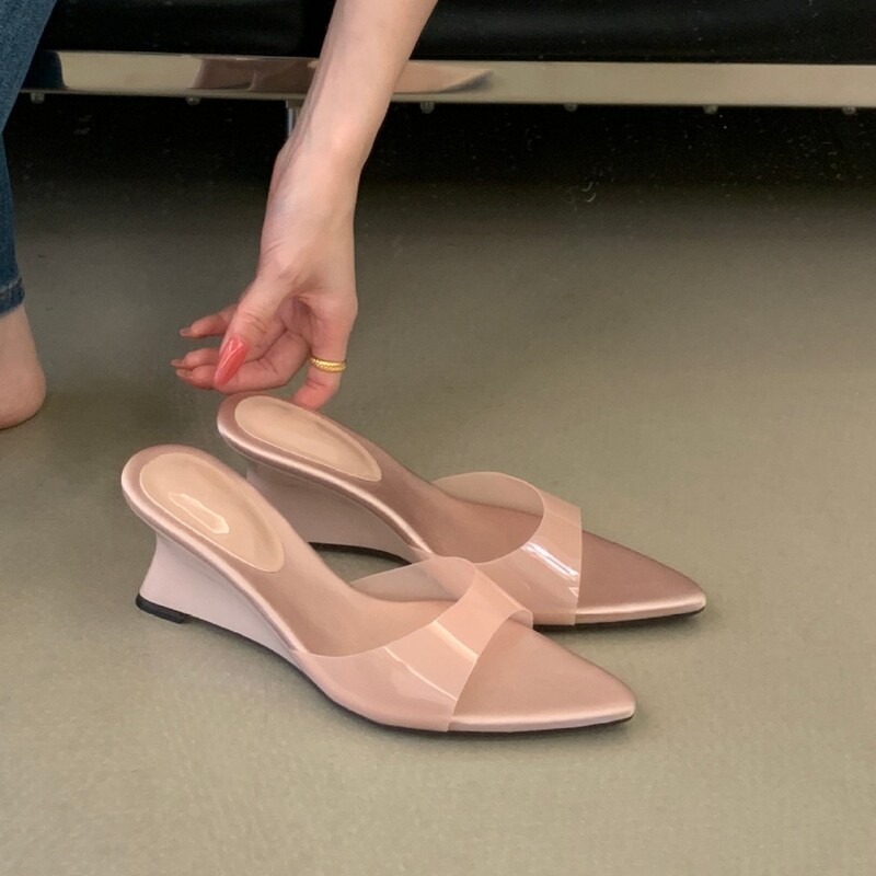 Pvc Transparent Wedge-Heeled French-Style Pointed-Toe Open-Toe Sandals for Women, Suitable for Outdoor Wear, New Summer 2026 Model
