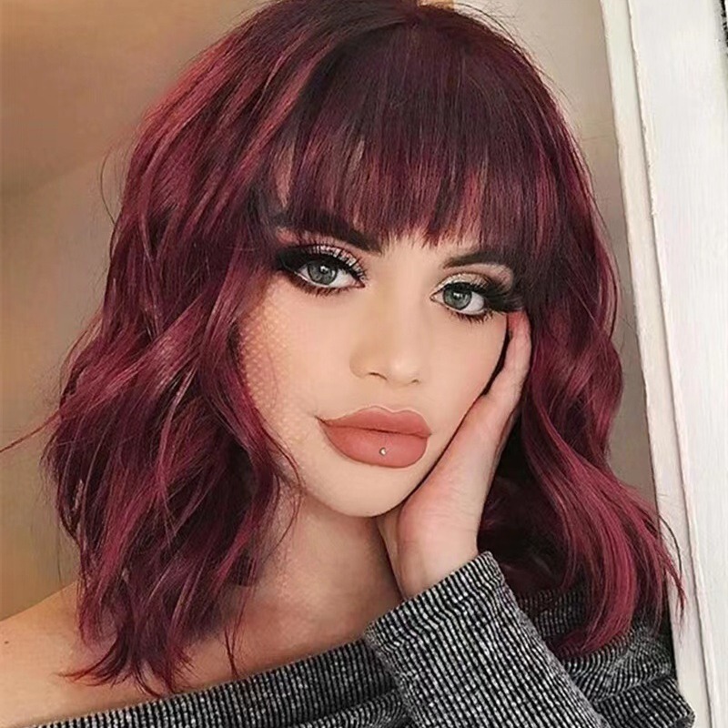 European and American Style Short Curly Hair for Women, High-Temperature Synthetic Fiber, Straight Bangs, Corn Wave Perm, Water Wave Wig, Shoulder-Length Full Wig