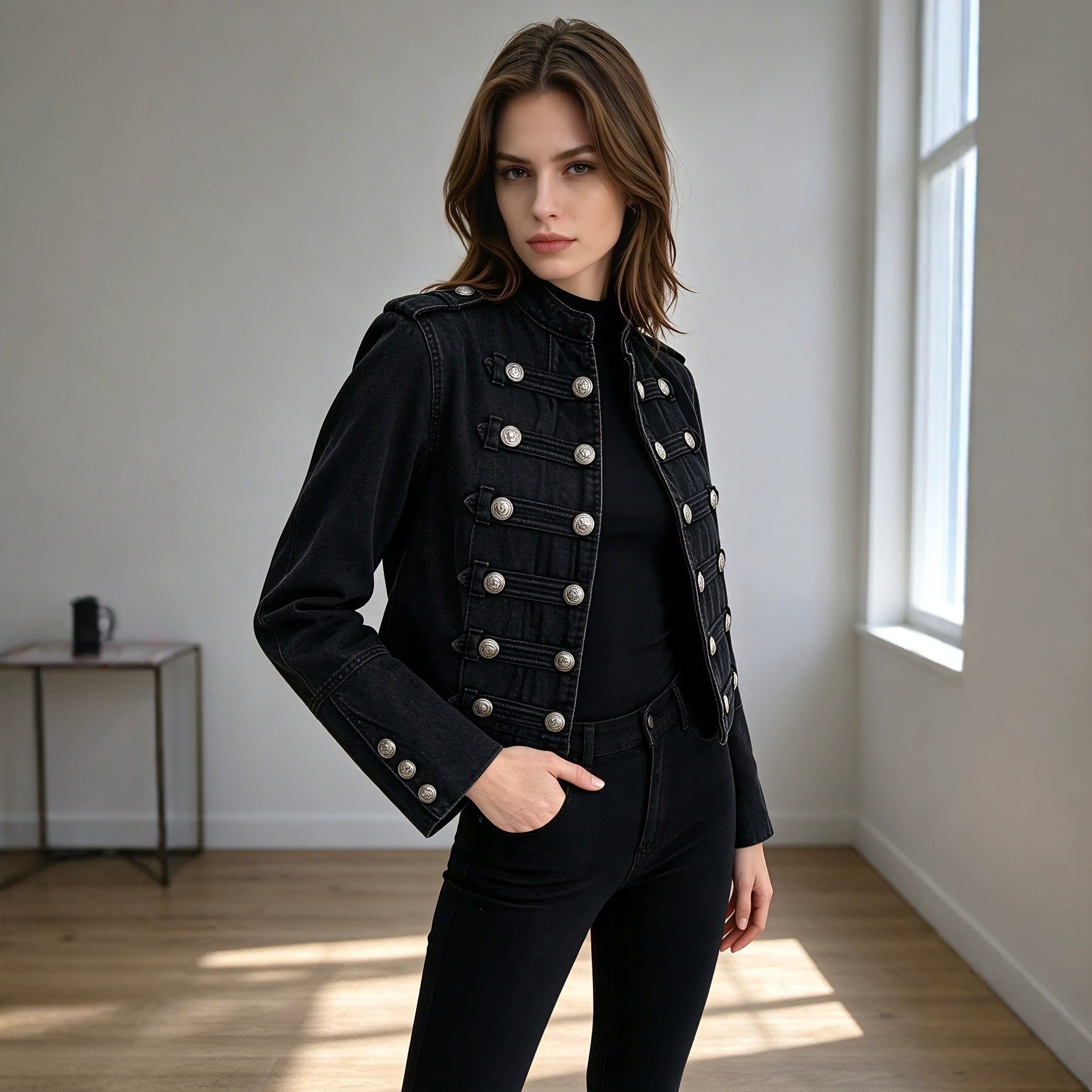 Qadın denim ceket - Napoleon yaxalı, qısa, iki sıra düyməli