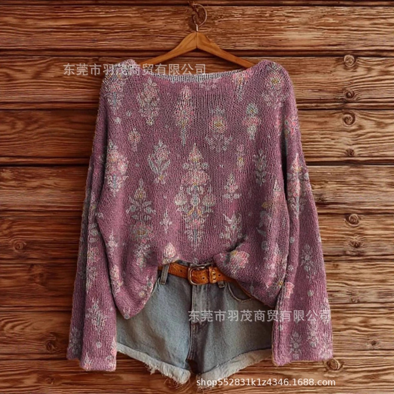 独立站新款高领卫衣仿毛衣 秋冬季碎花圆领宽松毛衣2|undefined