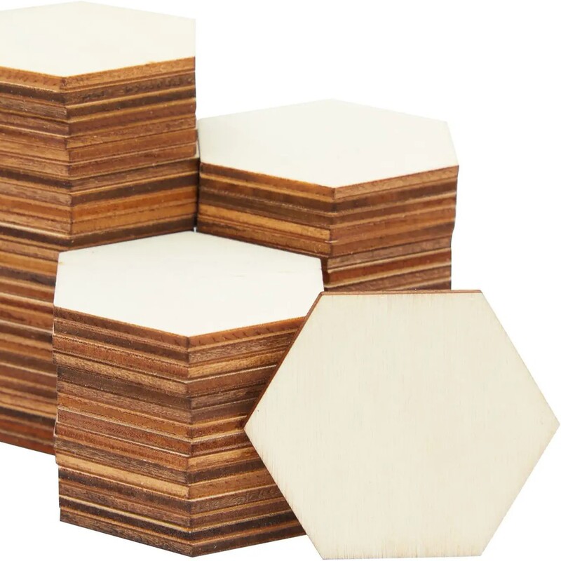 100 Pieces Wooden Unfinished Hexagon Coaster Game Tile DIY Kids Drawing Puzzle Party Card