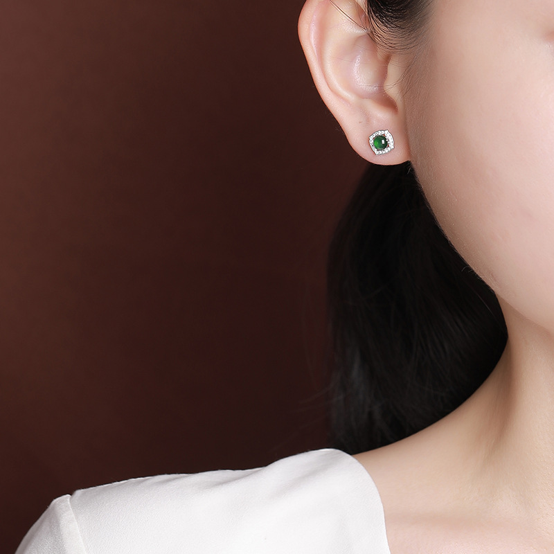 Bông tai bạc S925 đính ngọc bích xanh dạng hạt tròn hình vuông rỗng — Mẫu ngọc bích nước xanh