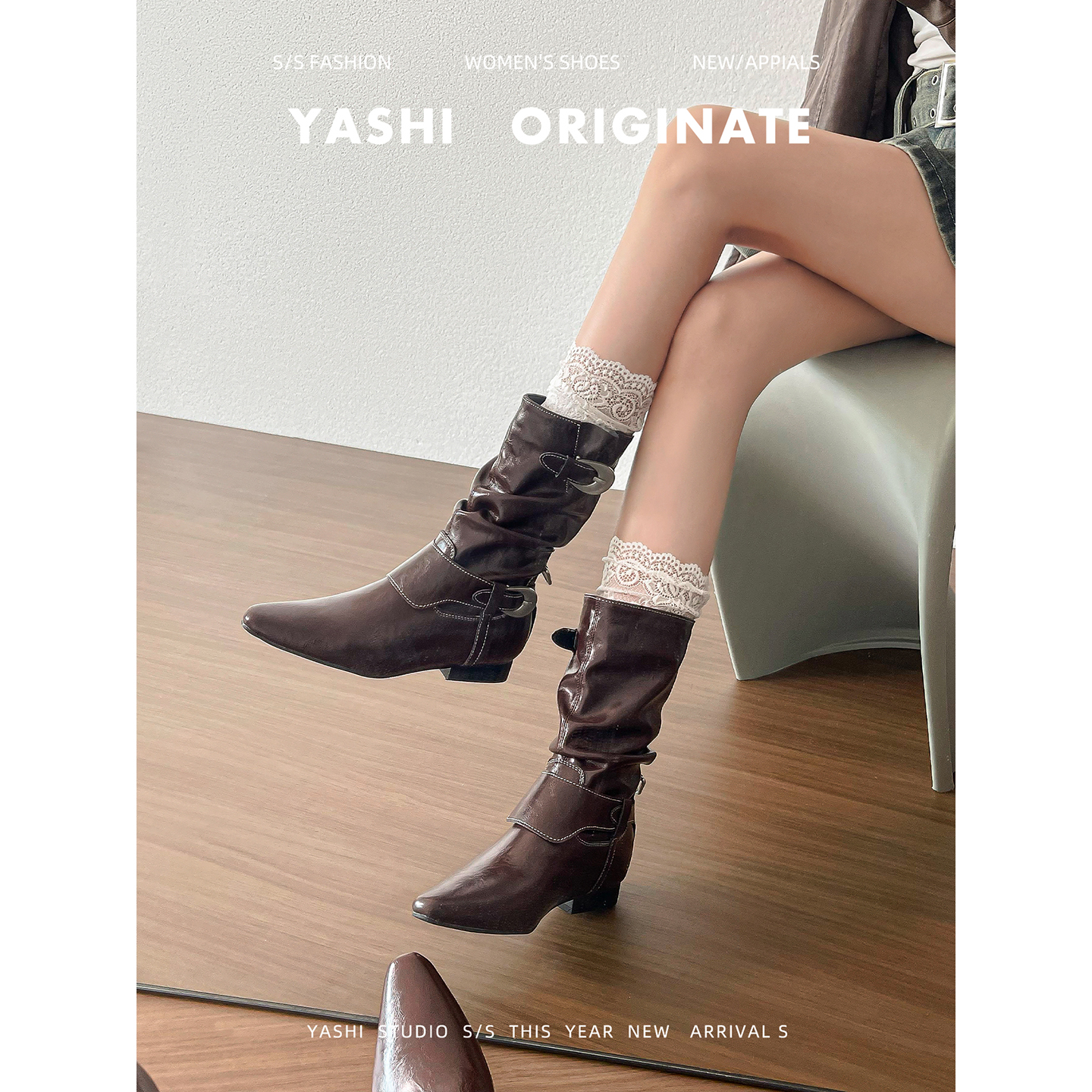 Pointed Toe Thick Heel Metal Pile Boots Genuine Leather Chelsea Western Cowboy Short Boots Mid-Calf Women's Leather Boots Boots for Women