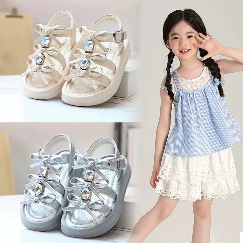 Детские сандалии 2025 Лето Новые туфли принцессы Мягкая подошва Пляжные сандалии для детей среднего и большого размера Антискользящие сандалии для девочек
