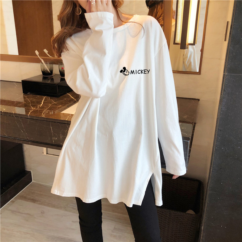 春秋新款女装2025大码胖mm白色开叉T恤打底衫女薄款宽松上衣