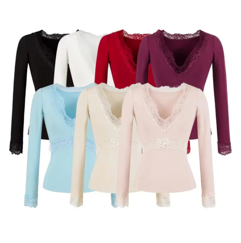 V-Neck Lace Patchwork Long-Sleeved T-Shirt for Women 2026 Spring and Autumn New American Hot Girl Style Solid Color Slimming Waist-Cinching Base Shirt