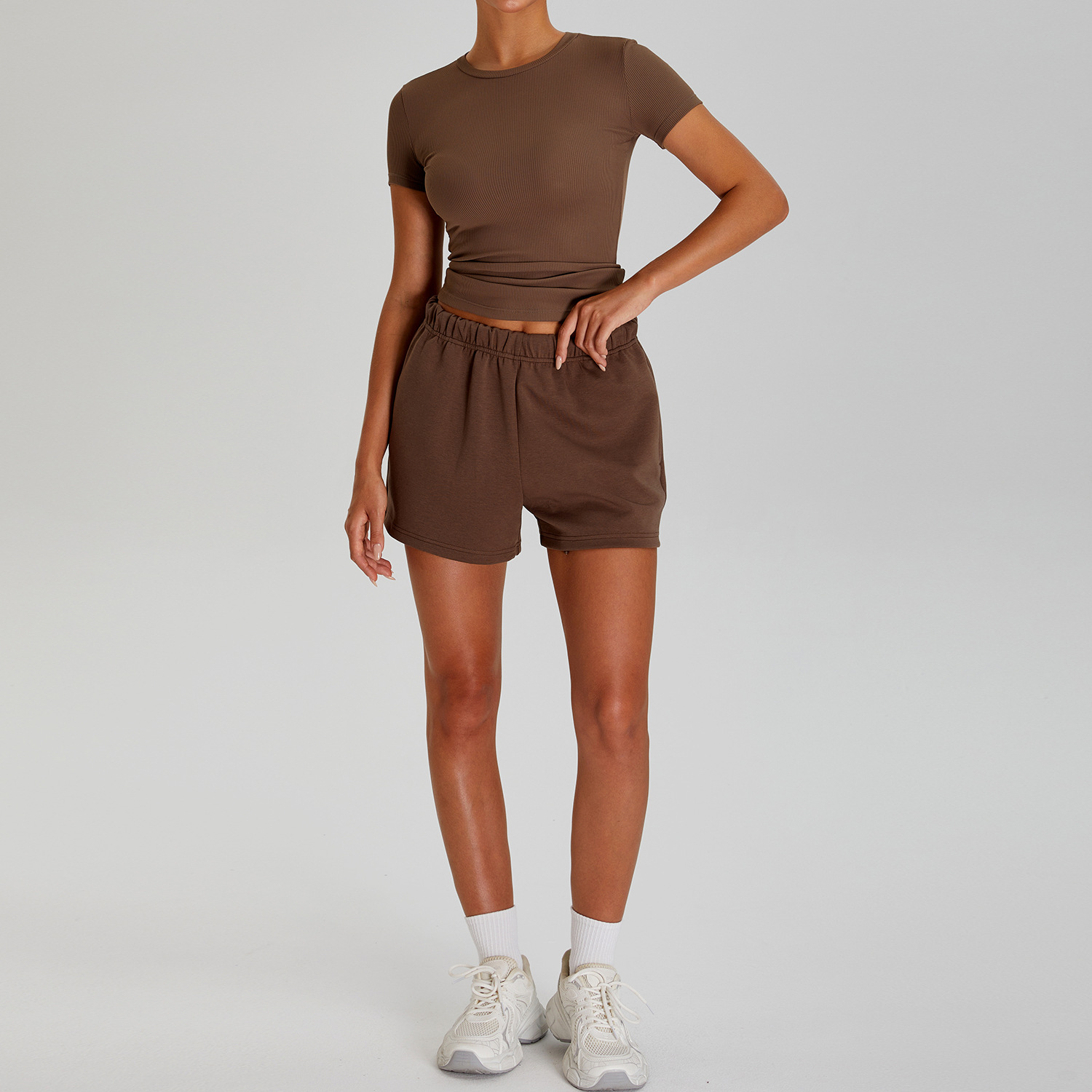Traje de yoga ajustado transfronterizo, hilo fino, hombro, manga corta, pantalones casuales para correr de todo fósforo, traje deportivo de fitness para mujer image 8
